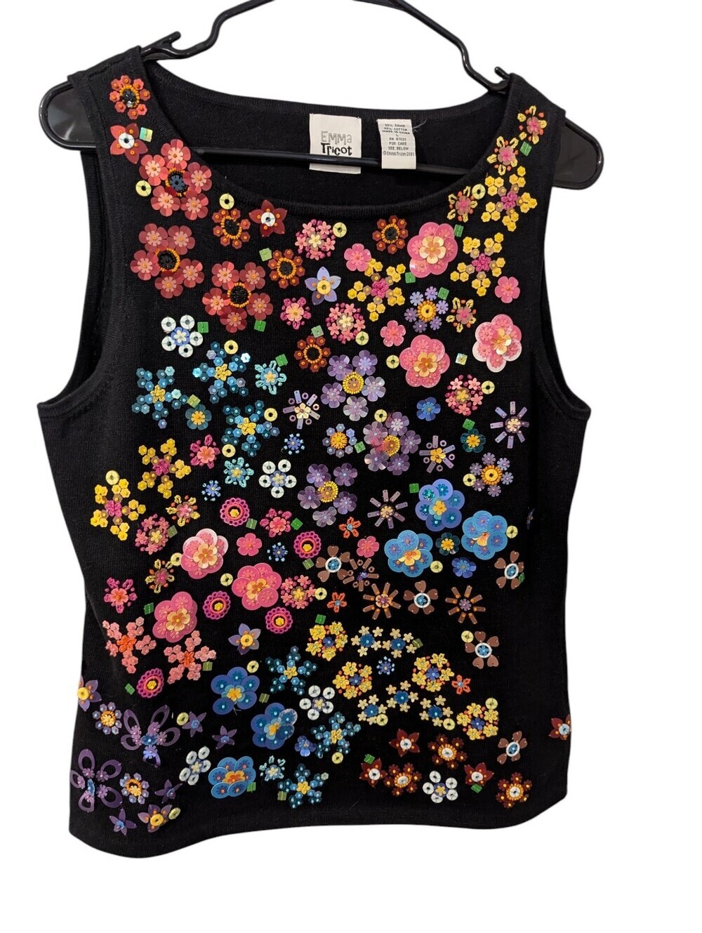 EMMA TRICOT ,Black Floral Sequin Tank, Size L